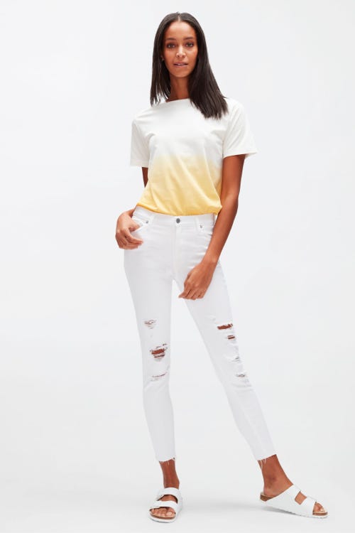  HW SKINNY CROP WHITE SHELL DISTRESSED WITH DISTRESSED KNEE  